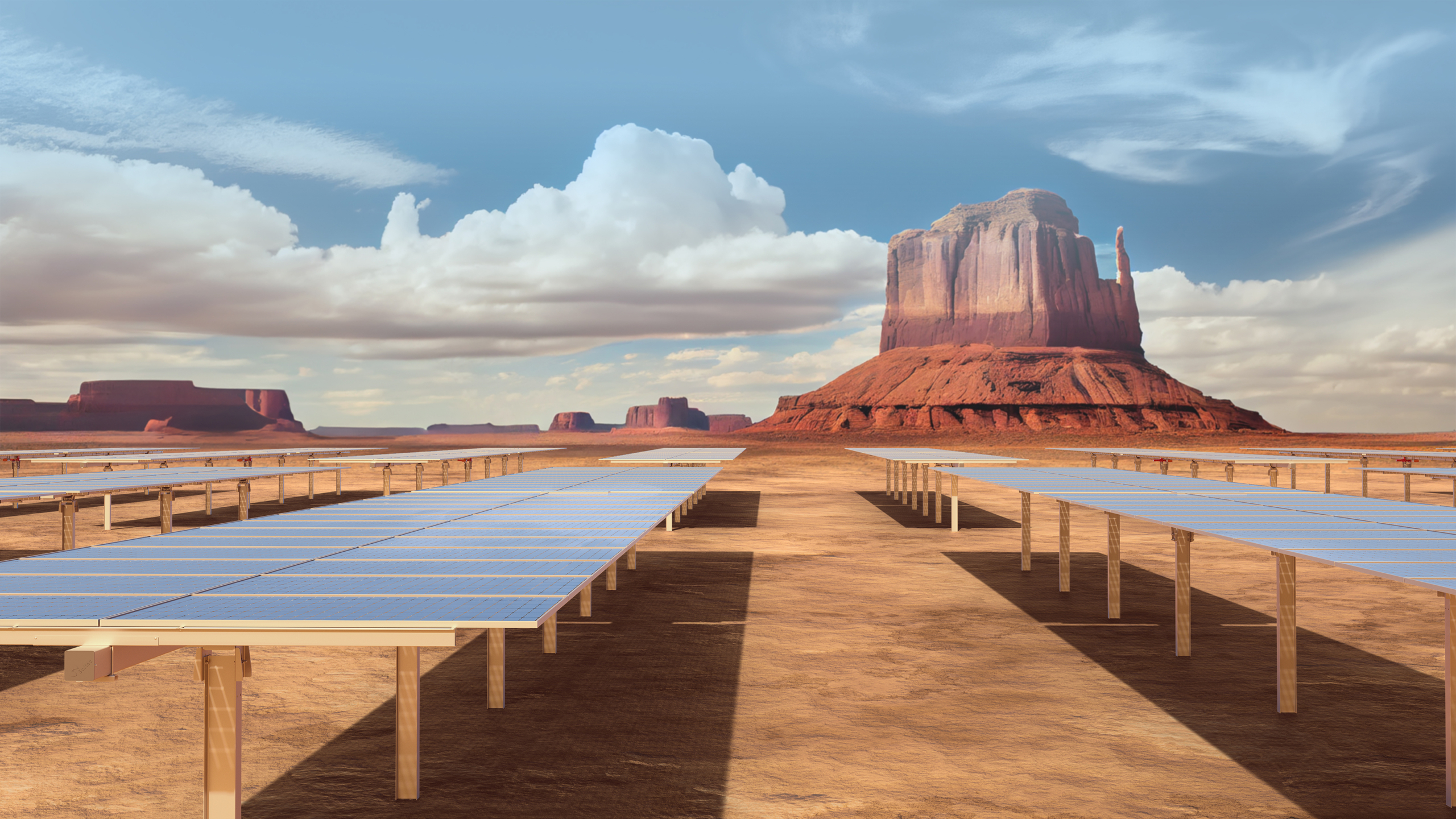 Soltec SF7 US solar tracker in the United States with Monument Valley in the background. Product rendering for promotion.